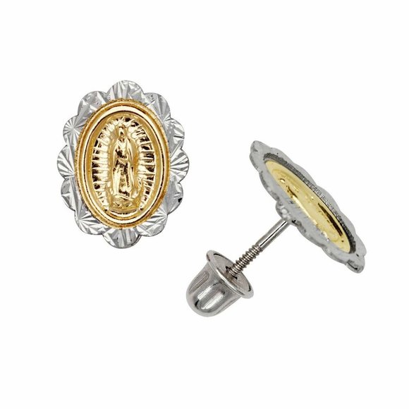 Solid 14K Gold 7x8mm Religious Guadalupe Virgin Mary Screw Back Stud Earrings - Picture 3 of 3